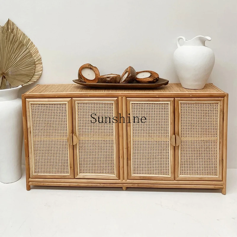 

Solid wood rattan art cabinet Japanese-style small apartment rattan wood storage entrance large space retro