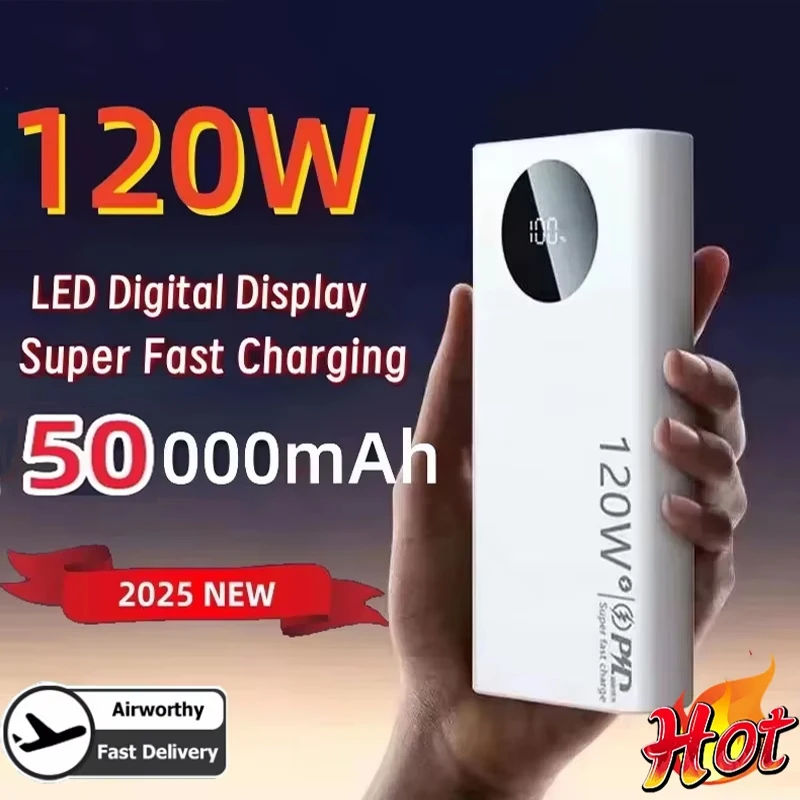 

Портативное зарядное устройство (Power Bank) 50000 мАч 120 Вт с быстрой зарядкой для iPhone, Samsung, Xiaomi