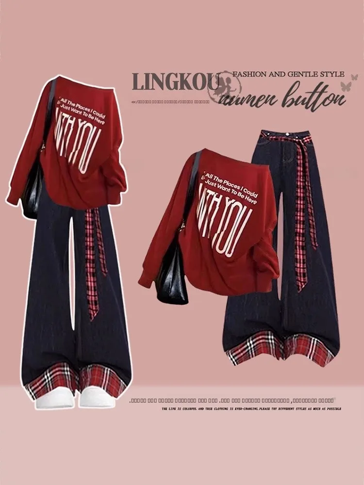 

Cisas красный свитшот с надписью и утягивающие джинсы с высокой талией, комплект из двух предметов для женщин, ретро, осенне-зимняя мода