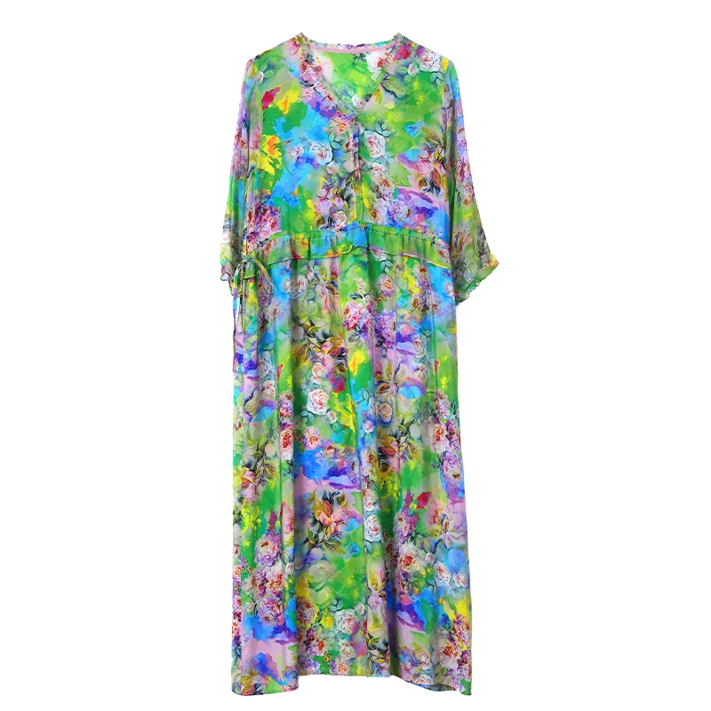 Robe mi-longue à manches papillon pour femmes, robe de plage à volants légers, col en V, floral naturel, robe de Rhélégante, mode coréenne, été, 2024