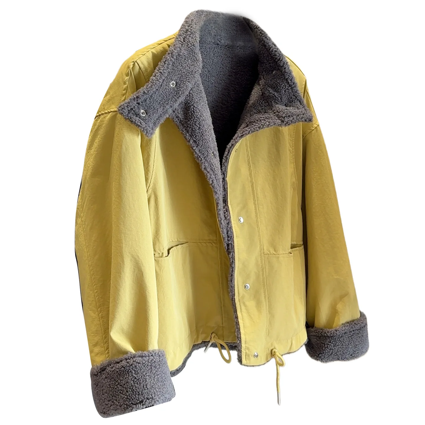 Yellow Lamb Wool Thick Warm Cotton Jacket for Women in Winter 2025 Korean Version Loose Stand Up Collar Short Style Overcomin
