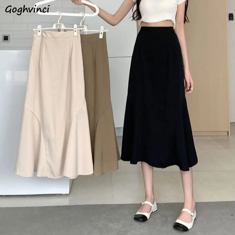 

Midi Skirts Women Simple A-line Fashion Soft Office Lady Spring Summer Casual Korean Style Classic High Waist Chic Faldas Mujer