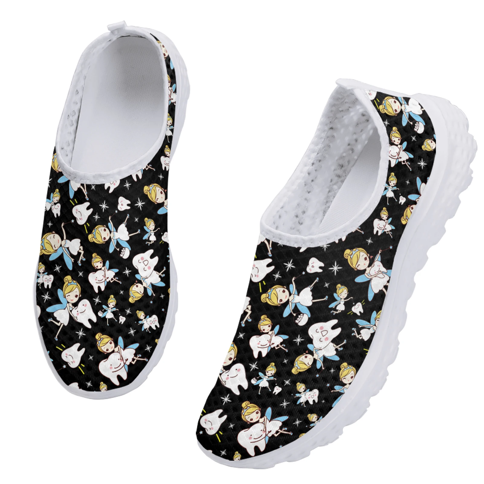 Cute Cartoon Nurse Elf/Teeth Print Casual Breathable Summer Shoes Black Mesh Shoes Casual Zapatos Planos De Mujer