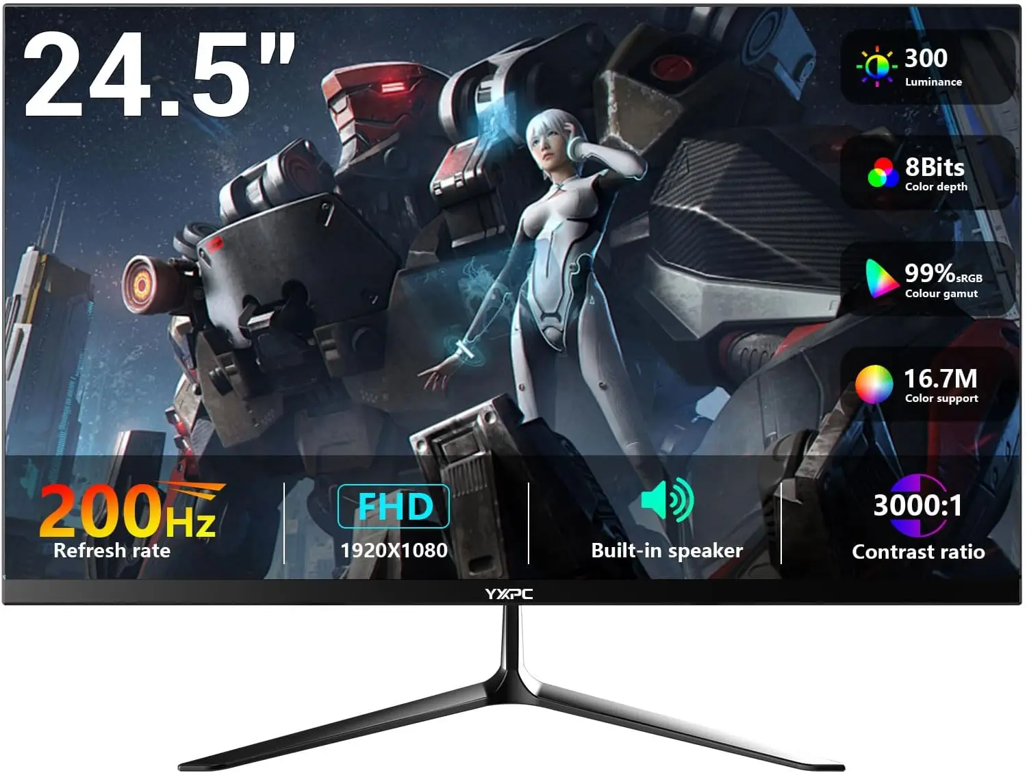 24.5" 200Hz Gaming Monitor, FHD 1080p VA, 1ms, FreeSync, HDR400, Built-in Speakers
