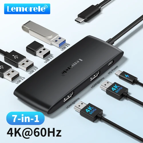 Lemorele 4K USB-C Hub 7 puertos estación de acoplamiento adaptador de concentrador USB USB C a HDMI dual 4K @ 60Hz para Windows MacBook Air Laptop