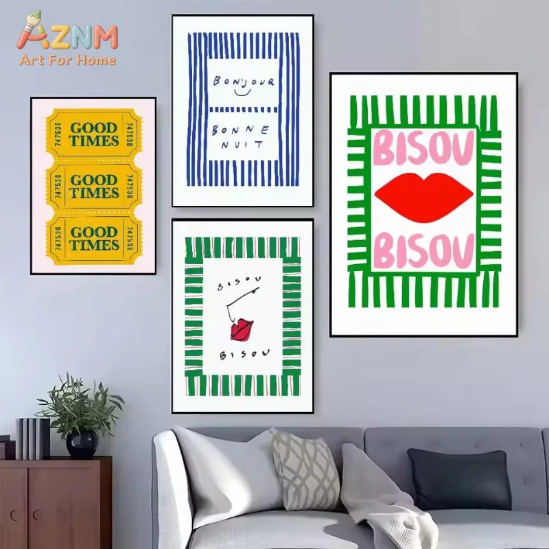AZNM Colorful French Quote Canvas Print Bisou Bonjour Ticket Self Love Striped Lip Retro Trendy Typography Wall Poster Unframed
