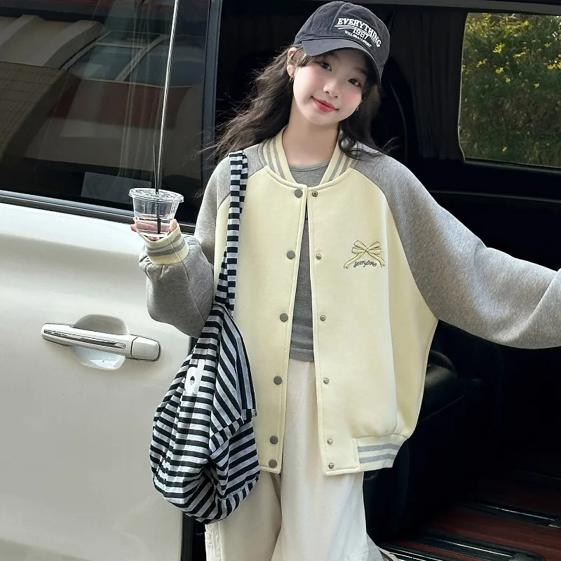 Girls Baseball Jacket Spring Autumn Casual Sports Bow Letter Embroidered Button Down Varsity Coat Cool Girl Children's Clothing