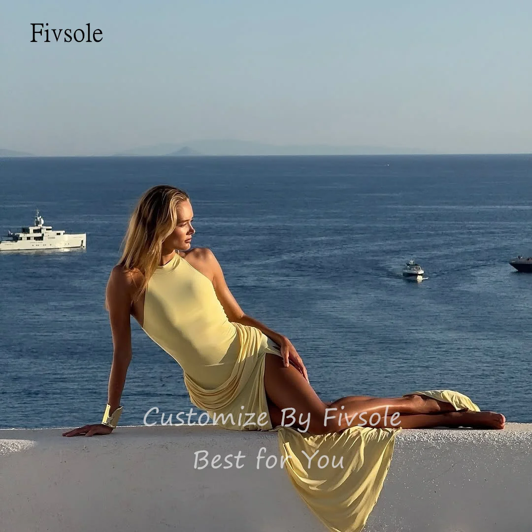 Fivsole مثير الأصفر الرسن حورية البحر الحفلة الراقصة أكمام حزب ثوب الجانب الشق الطابق طول مساء اللباس مخصص #3