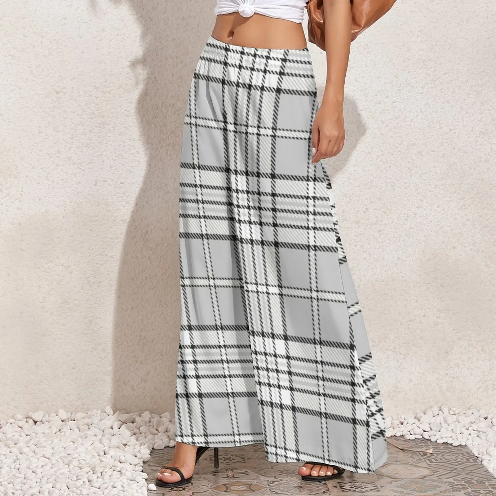 Trendy Gray Plaid Straight Pants Vintage Lines Sexy Wide Pants Women Big Size Streetwear Pattern Trousers