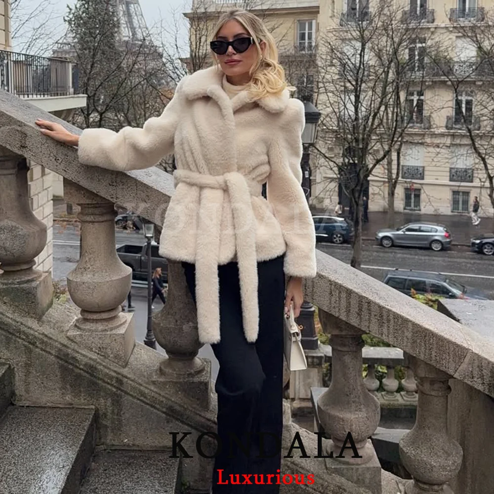 

KONDALA Christmas New Year Holiday Party Jackets Women Long Sleeve Sashes Thick Warm Women Coats Fashion 2025 Chic Beige Outwear