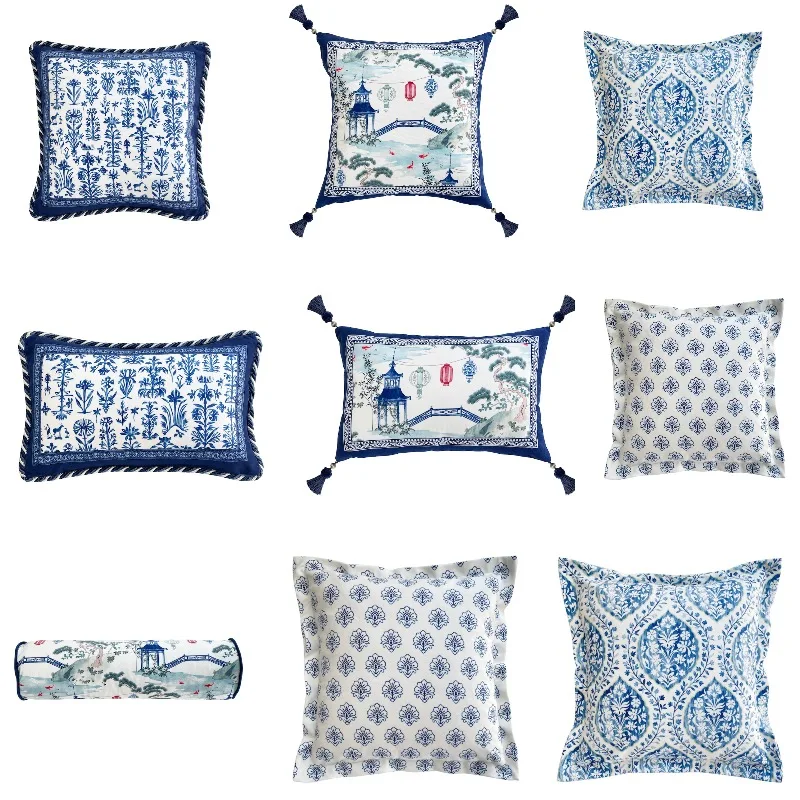 Chinese Blue Pillows Retro Luxury Cushion Case Porcelain Decorative Pillow Cover For Sofa Chair Home Decorations