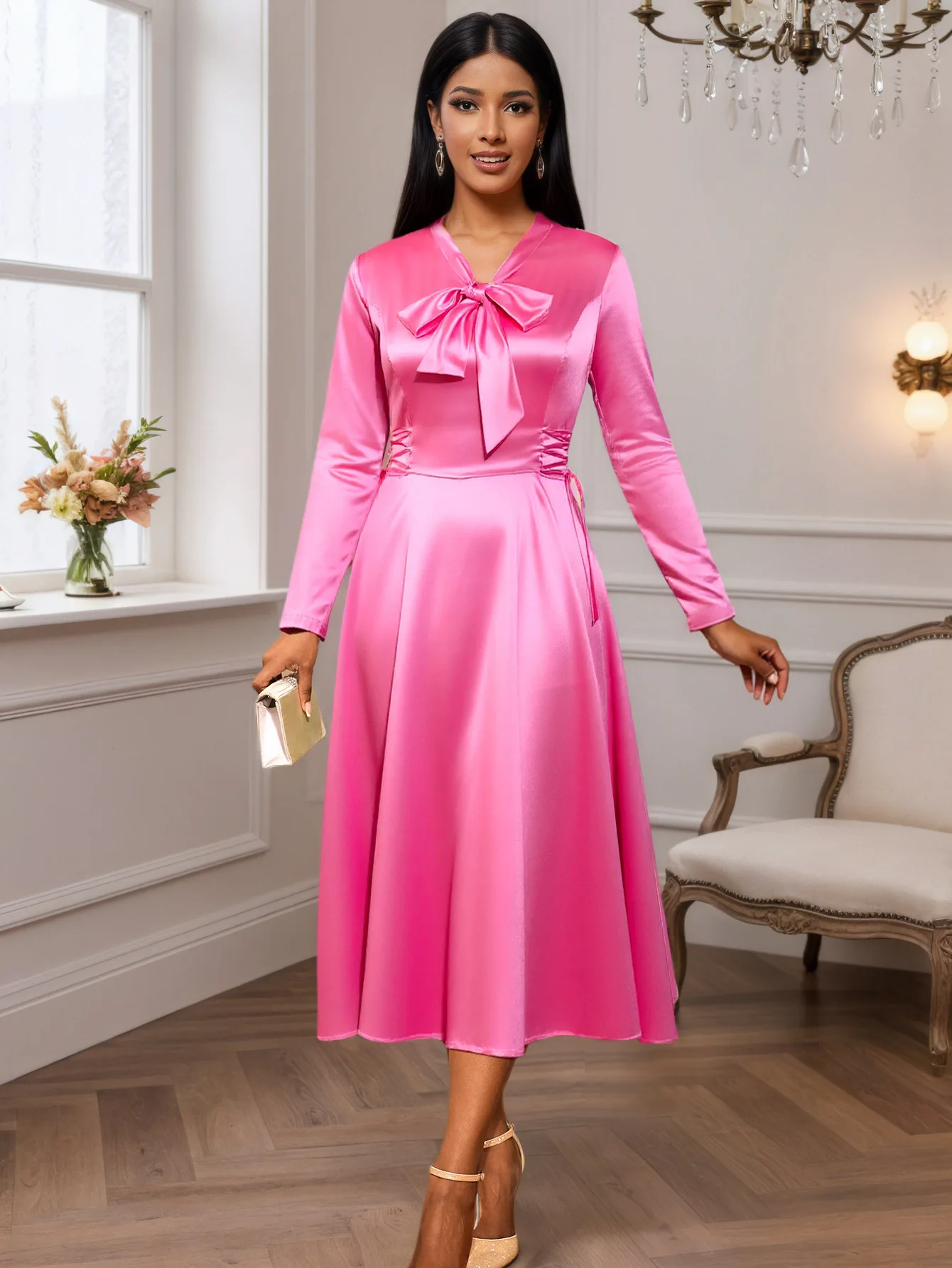 가을 새틴 스탠드 칼라 긴팔 드레스 우아한 리본 허리 조임 이브닝 가운 2025 여름 드레스 로브 베스티도 여성용