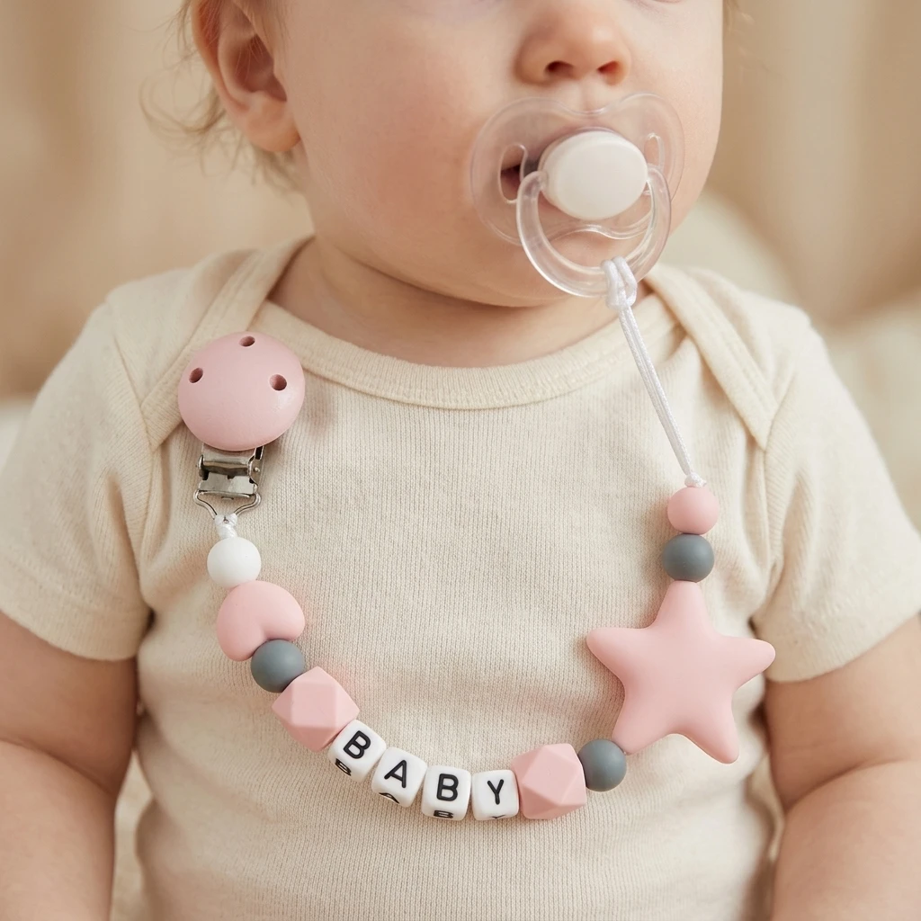 Personalized Baby Pacifier Clip Custom Name Silicone Star Teether BPA Free Dummy Chain Handmade Newborn Shower Gift