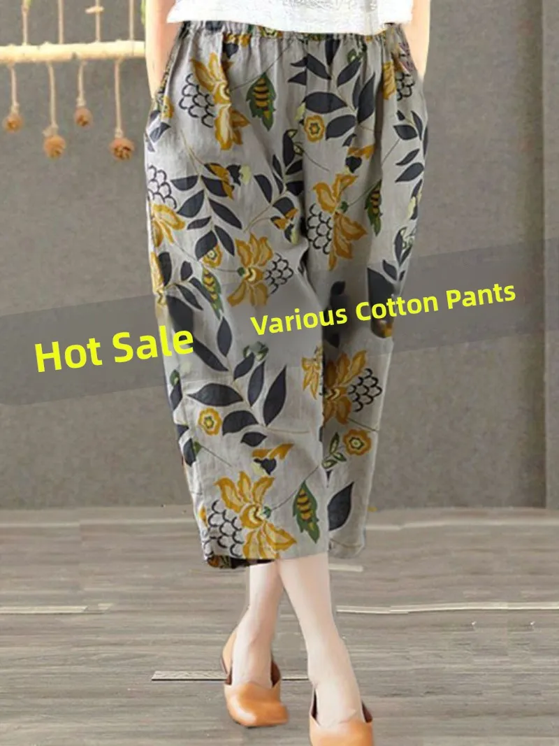Cotton Linen Harlan Pants Summer Thin Slim Print Loose Mom Nine Point Casual Pants High Waist Elastic ket Lantern Pants