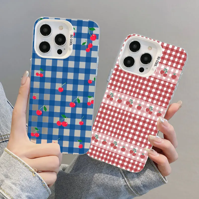 

Stylish Blue Checkered Grid Pattern Cherry Laser Phone Case For iPhone 16 Pro Max 15 14 Pro Max Plus 13 12 Mini 11 Pro Max Cover
