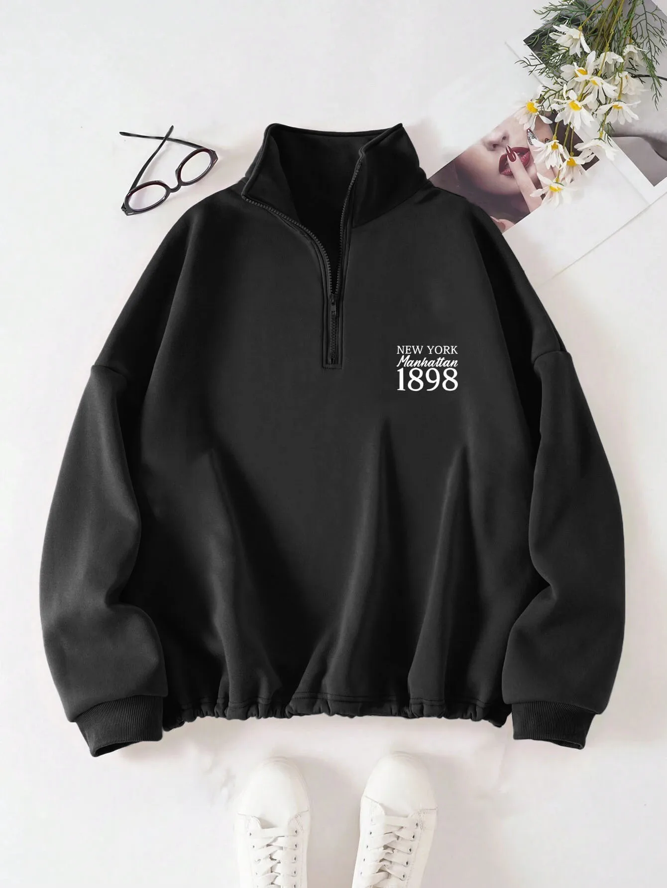 

New York 1898 Printed Half Zipper Stand Collar Sweatshirt, Casual Long Sleeve Sweatshirt For Fall & Spring, Women's Clothing