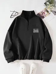 New York 1898 Printed Half Zipper Stand Collar Sweatshirt, Casual Long Sleeve Sweatshirt For Fall & Spring, Women's Clothing