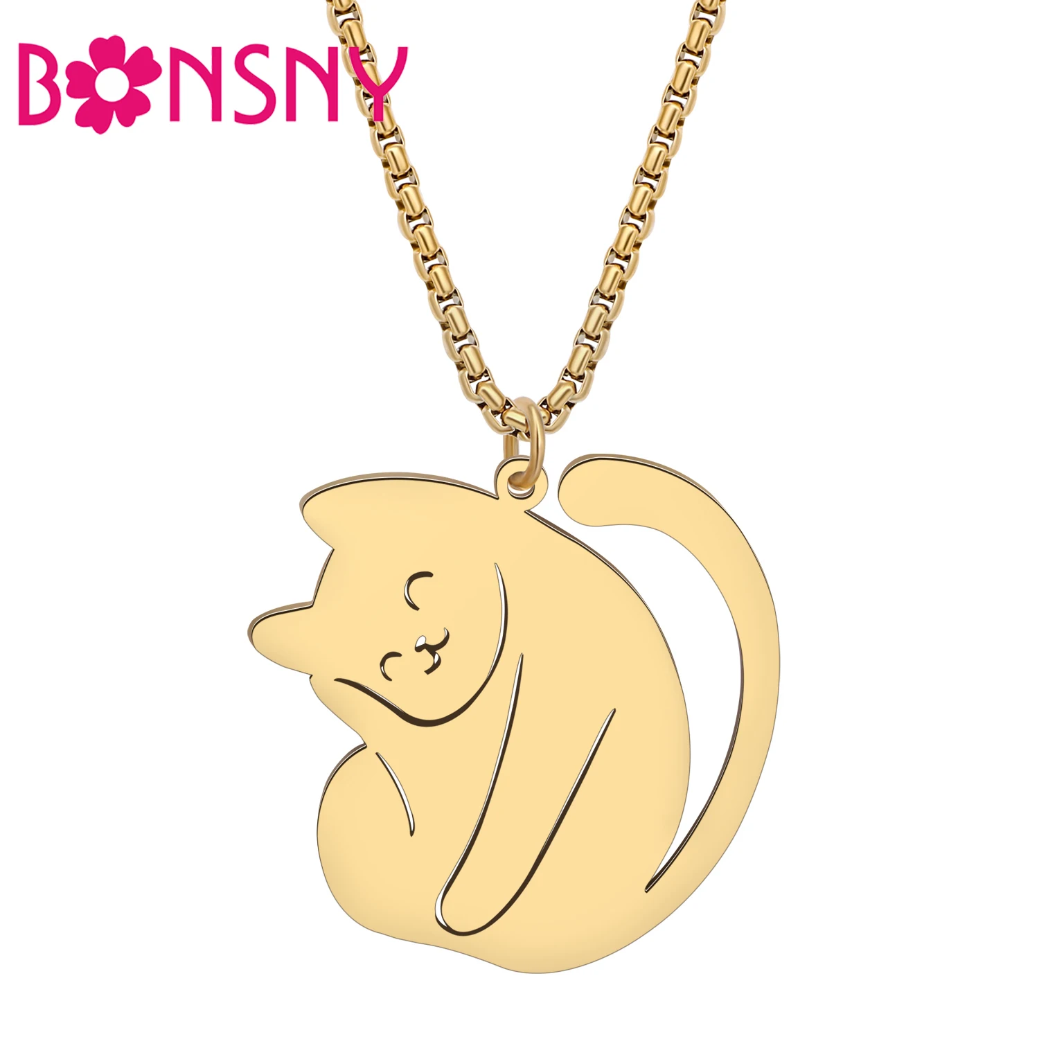 BONSNY Stainless Steel Sweet Cat Plated Silver Gold Necklace Cute Kitten Pendant for Women Girls Kids Novelty Jewelry Gifts