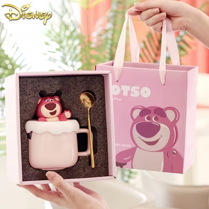 New Disney Anime Lotso Pooh Bear Ceramic Mug With Cover Fashion Kawaii Cartoon Coffee Cup Girl Cute Household Tableware