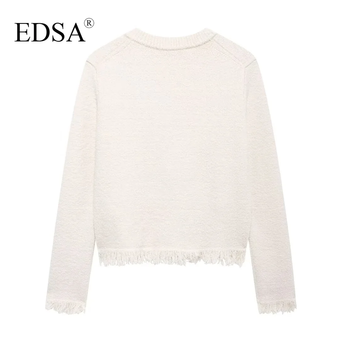 EDSA Women Knit Cardigan with Bows Frayed Trims Autumn Female Long Sleeves Round Neck Patch Pockets Sweater Coat