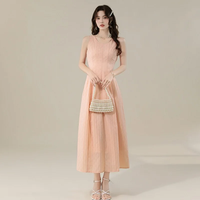 Minimalist Peach Pink Sleeveless A-line Maxi Dress For Women O-neck Textured Fabric Flowy Casual Summer Patry Prom Vestidos Robe