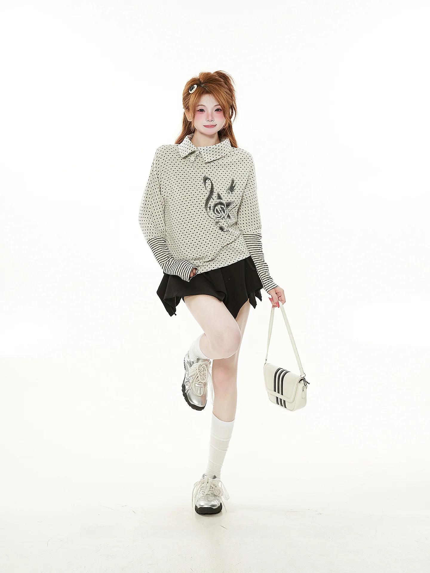 

Spring Women's Long Sleeve T-Shirt Polka Dot Batwing Sleeve Top Korean Style Commute Casual Print Design Light Cotton Polyester