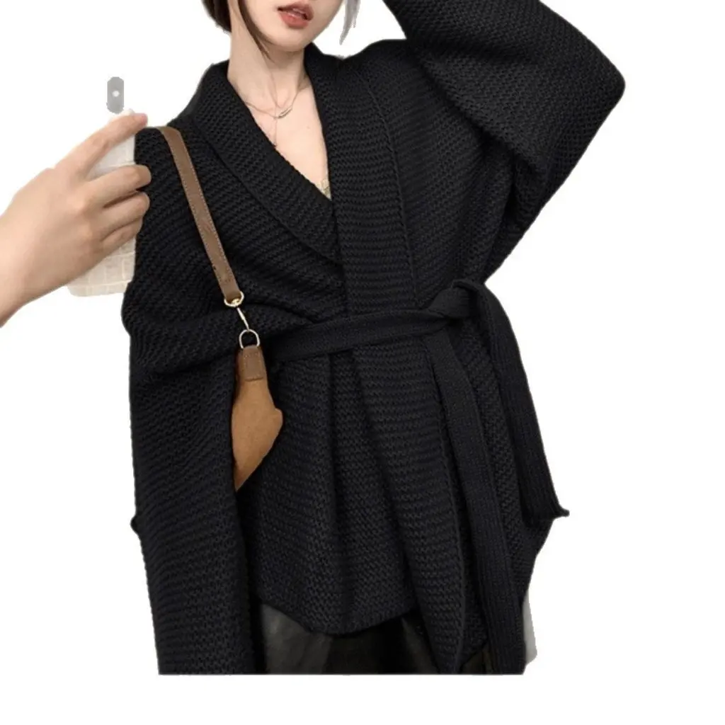 

French Elegant V-Neck Knitted Open Cardigan Sweater Thickened Outerwear Belted Waist Lazy Style Autumn Winter Women's Top