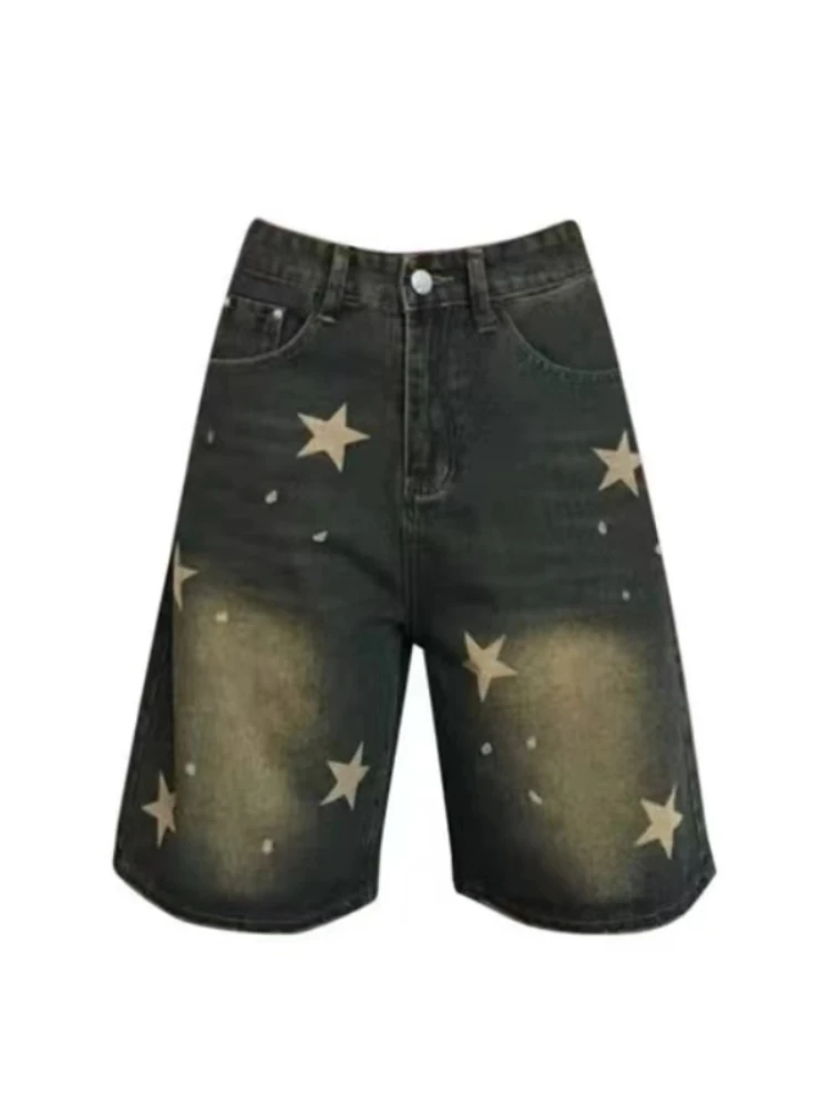 Sommer Blue Star Denim Shorts 90er Jahre ästhetische knielange Jeans Shorts Frauen 2000s Vintage Y2k Cowboy kurze Hosen Harajuku Kleidung