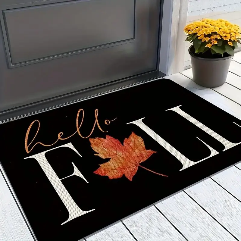 VIKAMA Fall Doormat Minimalist Maple Leaf Letter Print Washable Non Slip Floor Mat Front Porch Entrance Rug Autumn Home Decor