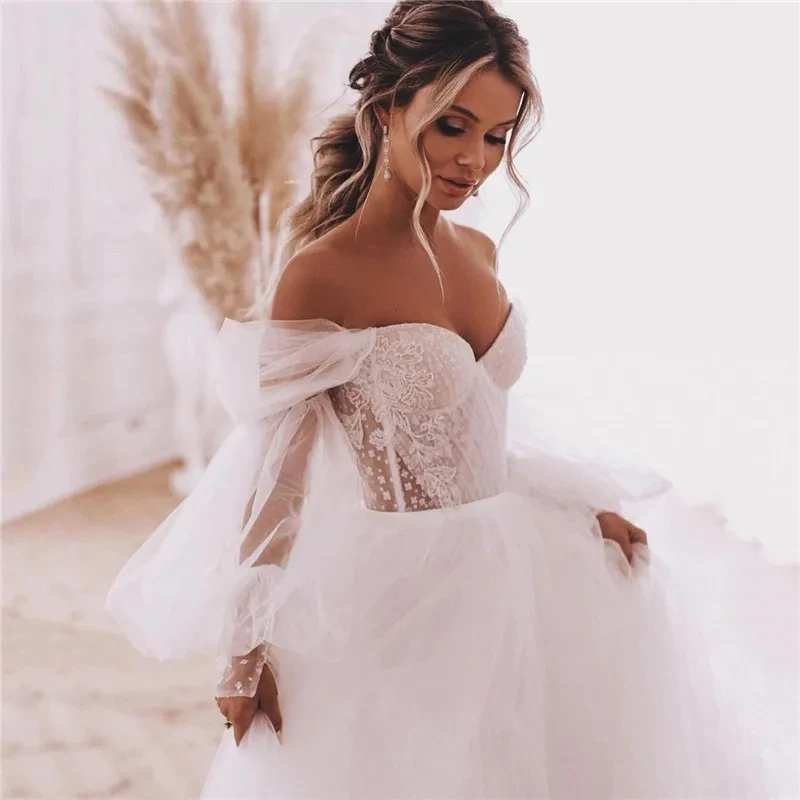 Gaun pengantin lengan setengah Puff Boho gaun pernikahan Backless Fuffy Tulle applique gaun pesta A Line gaun pesta pantai pengantin wanita Formal