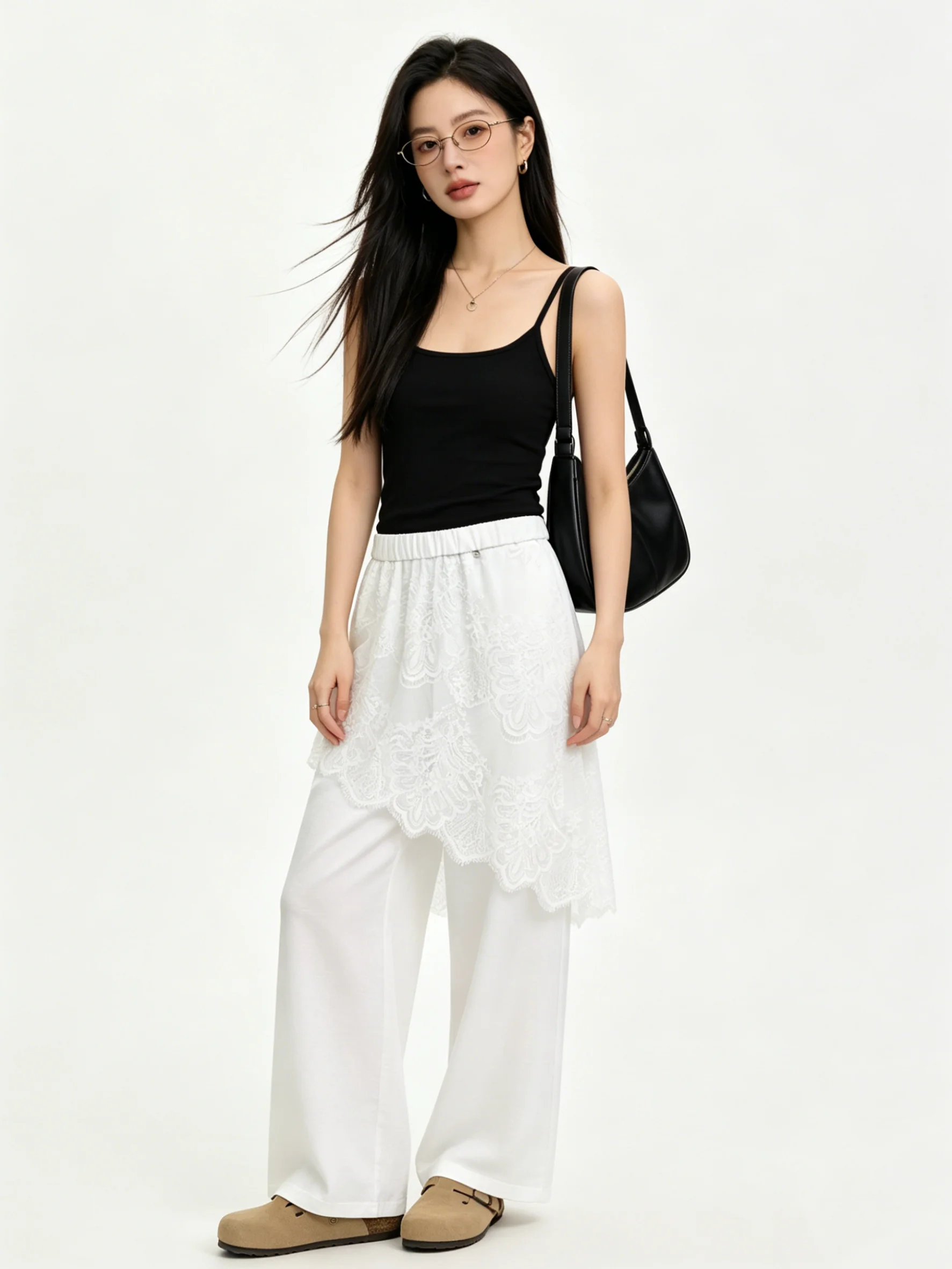 

Повседневные женские джинсы свободного кроя с кружевными вставками, имитация двухслойности, дышащие, удобные, простой дизайн