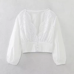Elegant Blouses For Women 2024 Deep V-neck Cotton White Embroidery Feminine Blouse Summer Long Sleeve Women's Shirts