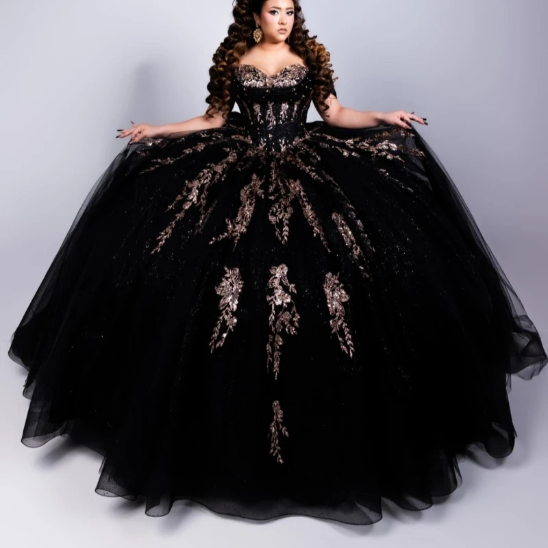

Black Shiny Ball Gown Quinceanera Dresses Gold Applique Lace Beading Crystal Tull Corset Off Shoulder Sweet 16 Dress Vestidos