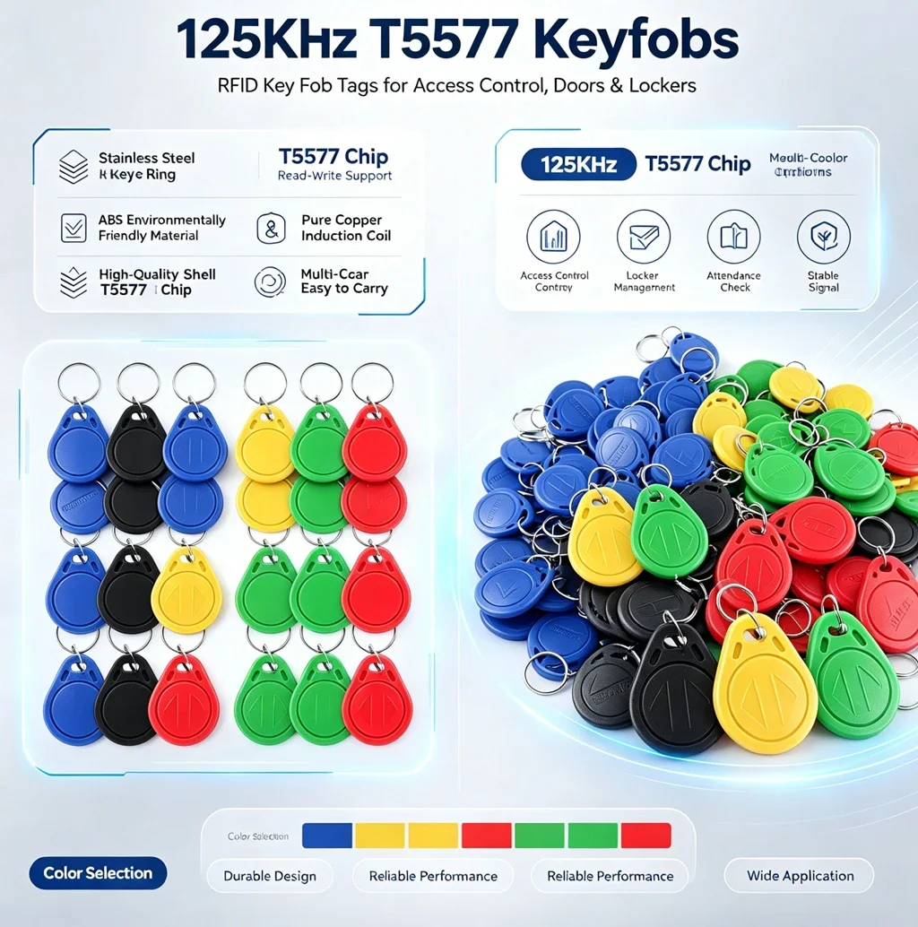 50PCS T5577 125KHz RFID Writable Key Tags Rewritable Copy ID Keyfobs Buckles for Garage Door Office Access Card Duplication