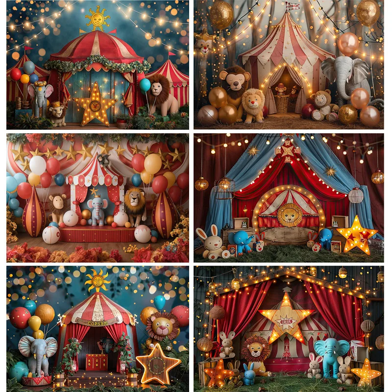 Circus Tent With Striped Canopy Popcorn Photography Backdrops Balloons Birthday Party Decor Animal Photo Studio Background SD-07