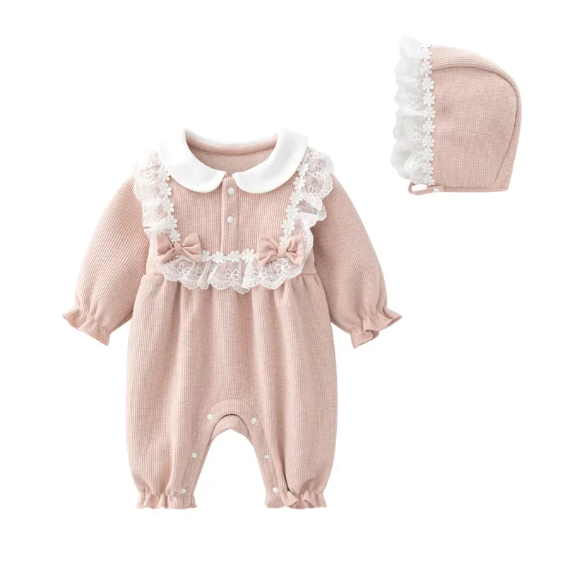 Autumn Winter Newborn Baby Girls Clothes Long Sleeve Fleece Warm Lace Flowers Jumpsuit Girls Rompers + Hats