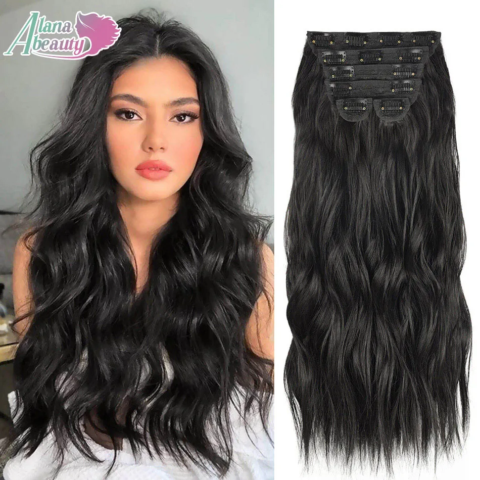 20 "الاصطناعية طويلة متموجة كليب في وصلات الشعر 6 قطعة/المجموعة سميكة هيربيسي للنساء براون شقراء أسود الطبيعية وهمية الألياف الشعر #1