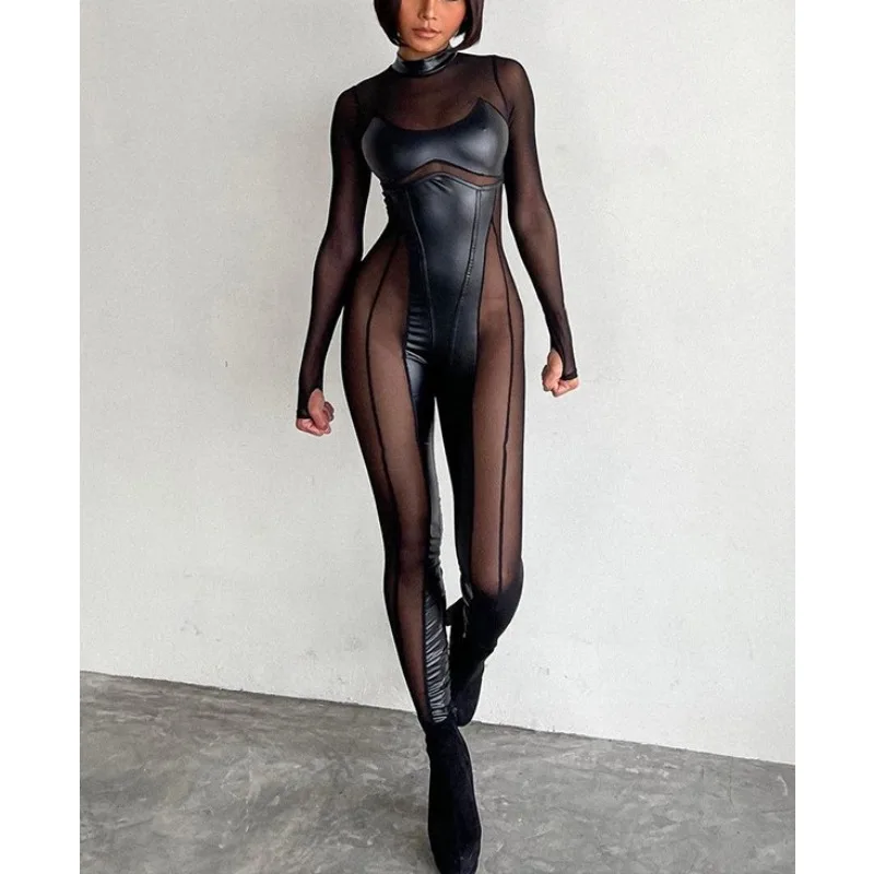 

Кожаный комбинезон Krisnana для женщин, 2022, хит продаж, стиль для девочек, лоскутный сетчатый костюм с воротником-стойкой и длинными рукавами, обтягивающий сексуальный цельный костюм 142606