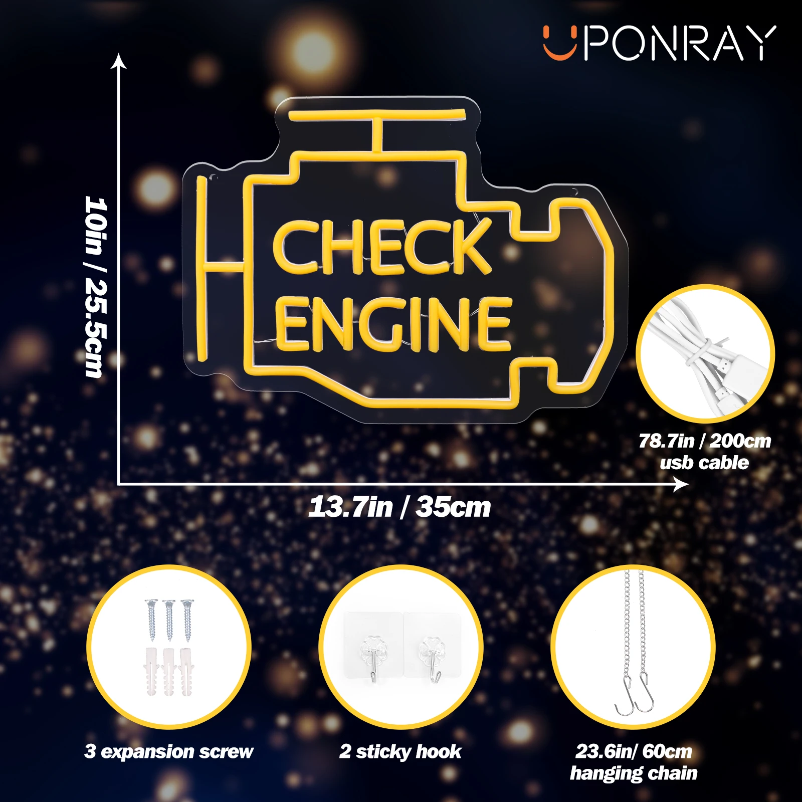 UponRay-Neon Check Engine Sign LED Light, Auto Room Garage Repair, Shop Wall Decor, Bar Party, Luminous Lamp, USB Power