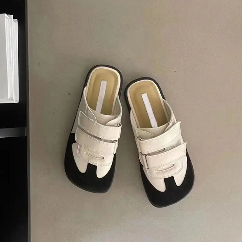 

2025 Hot Selling Outerwear Ugly Cute Baotou Half Slippers Retro Color Blocked Square Head Flat Shoes Platform Shoes