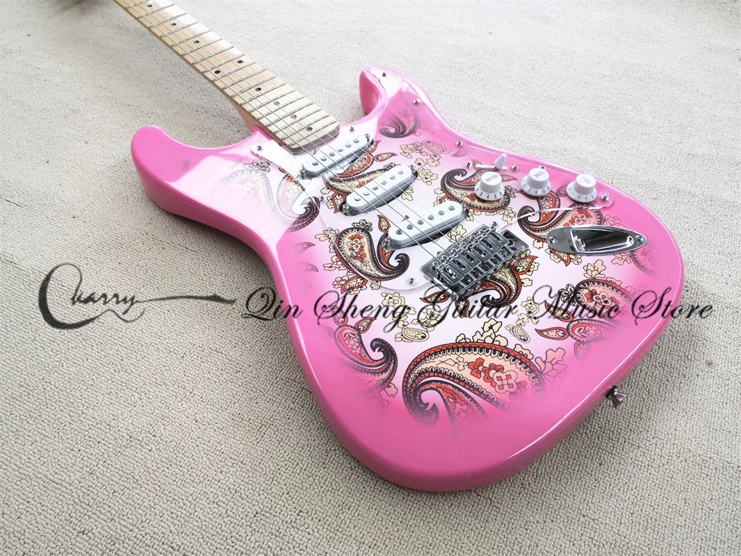 6-string guitar, stra pink guitar, decal body, maple headstock, chrome bridge,Acrylic guard