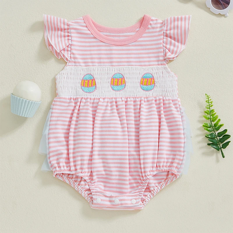 Newborn Baby Boys Girls Easter Romper Puff Sleeve/Sleeveless Round Neck Easter Embroidery Smocked Bodysuit Newborn Playsuit