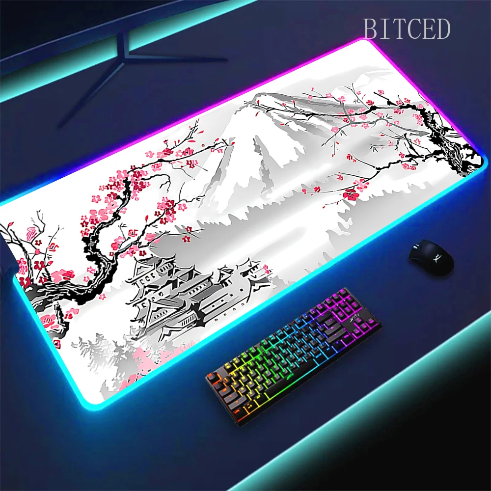 

RGB Sakura Scenery Mousepad Japan Cherry Blossom Gaming Non-slip Table Pad Glowing Keyboard Mouse Pad Laptop Mat With Backlight