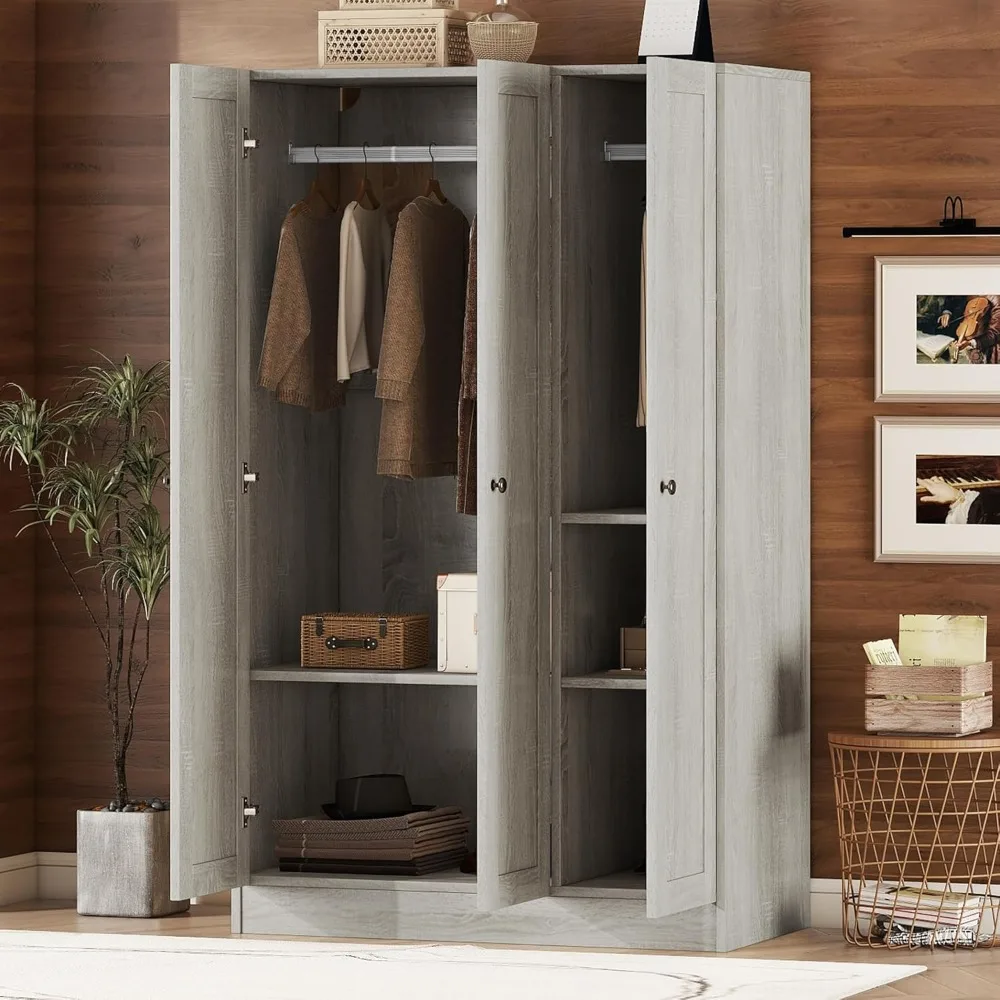 

Wardrobe Closet with 3 Shutter Doors, Modern Wooden Armoire Wardrobe Closet with Shelves, Freestanding Closet Organizer Cabinet