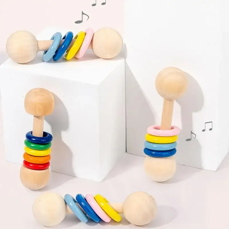 

Cartoon wooden rattle Teether baby musical instrument hand holding training Montessori Grasping toy for newborn Chew Toys gift