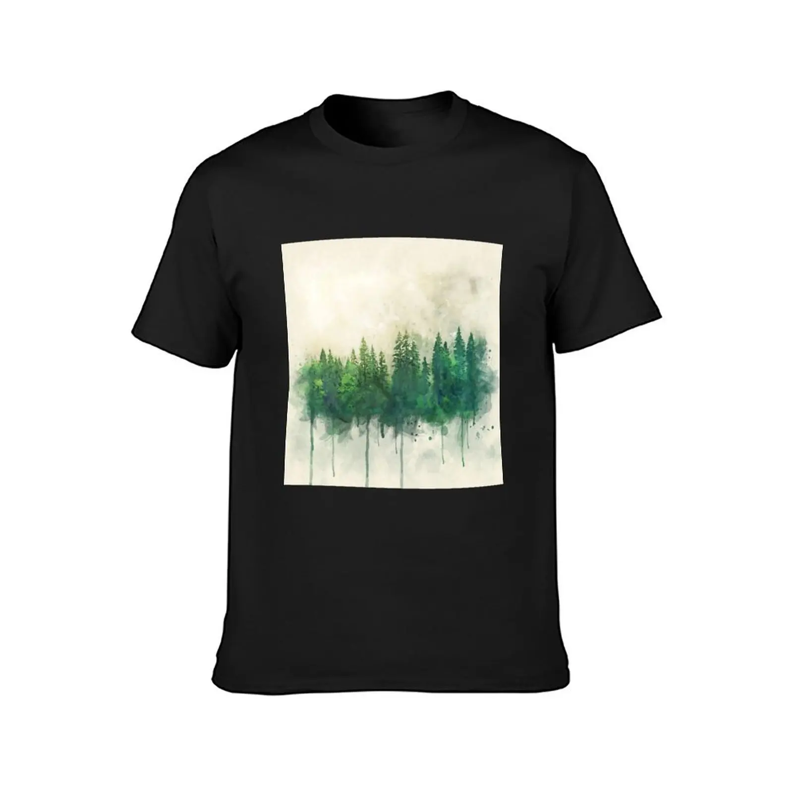 green forest watercolor painting T-Shirt summer clothes plus size tops vintage sweat plain black t shirts men