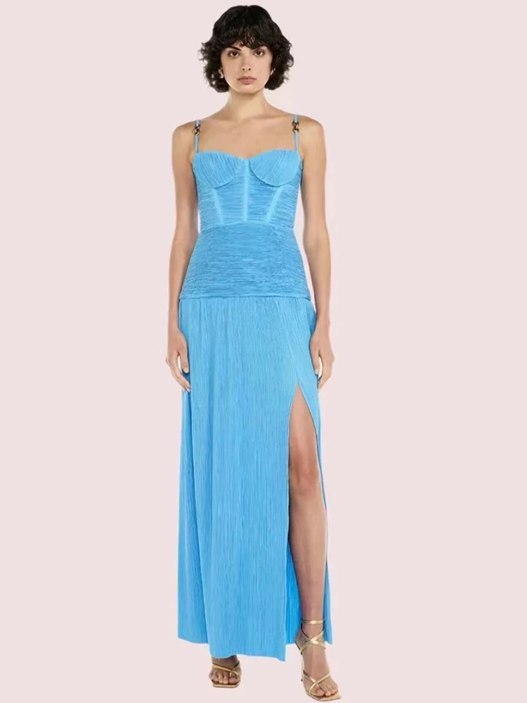 

Designer heavy craft draping high waist sexy strapless halter dress 2025 summer ladies new dress loose hem slit skirt