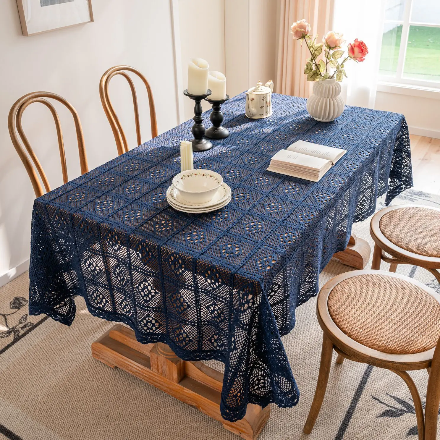 

Dark Blue Cotton Hollow Out Tablecloth Crochet Woven Retro Tablecloth Cover