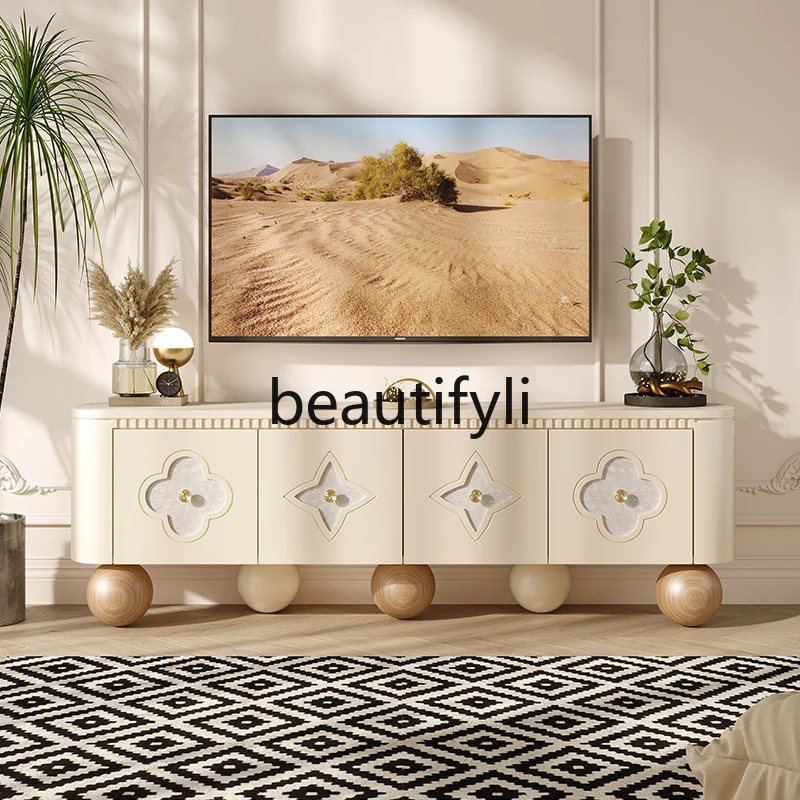 French light luxury TV cabinet, four-leaf clover, solid wood, round foot floor cabinet audio-visual