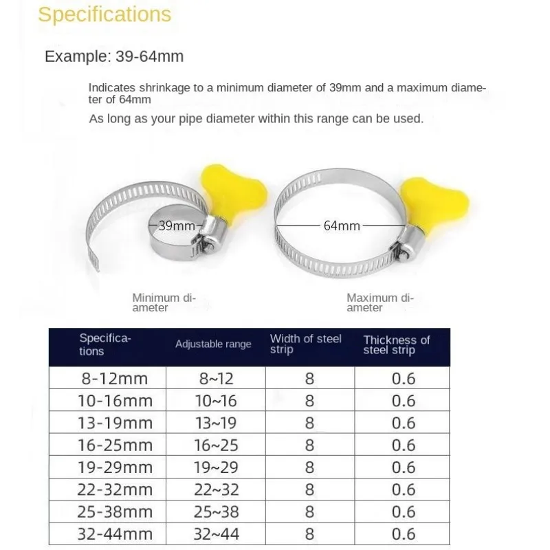 5 pcs 8-44mm Adjustable Yellow Plastic Handle Hand Twist Hose Clamps Worm Driving Stainless steel Pipe Clips For Tube